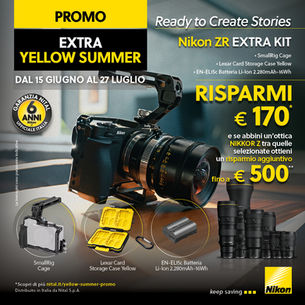 Promozione Nikon ZR eXtra Kit con SmallRig Cage + Lexar Storage Case + Batteria Nikon EN-EL15c inclusi e sconto immediato in cassa fino a 500€ - Iniziativa Nikon Extra Yellow Summer 2026.