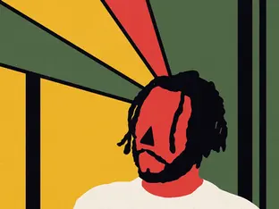 Ilustração estilizada do Rapper BK com cabelo e barba pretos, rosto vermelho, fundo verde e amarelo com faixas pretas radiais.