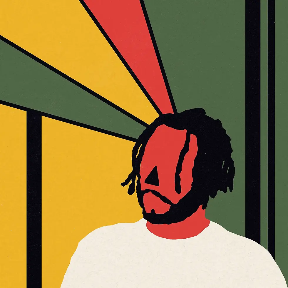 Ilustração estilizada do Rapper BK com cabelo e barba pretos, rosto vermelho, fundo verde e amarelo com faixas pretas radiais.