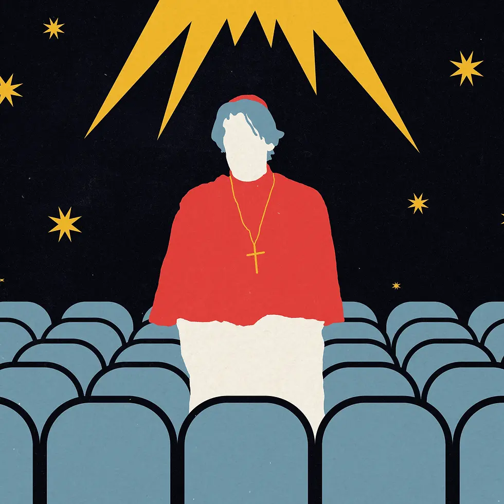 Ilustração de pessoa sem rosto em roupa vermelha e cruz dourada, sentada entre cadeiras azuis sob céu preto estrelado.
