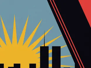 Ilustração abstrata de skyline urbano preto, com sol amarelo em raios sobre céu azul e faixa diagonal preta com bordas vermelhas.