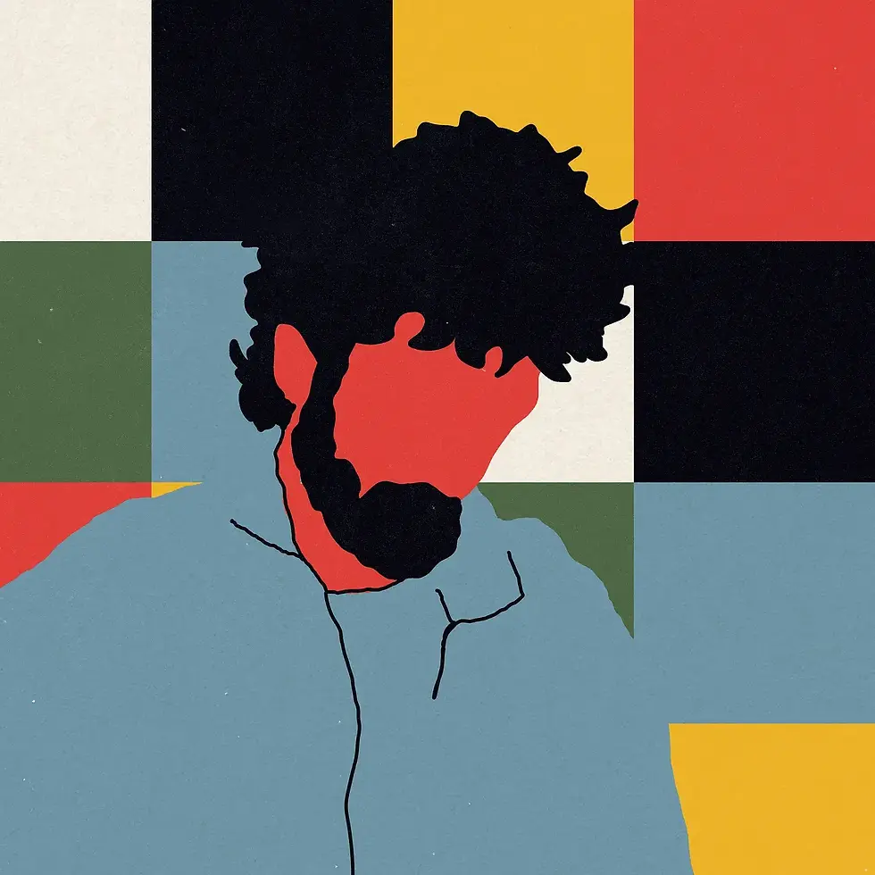Retrato estilizado do artista Lucas Matoso, homem de cabelos e barba escuros, sobre fundo geométrico colorido em blocos.