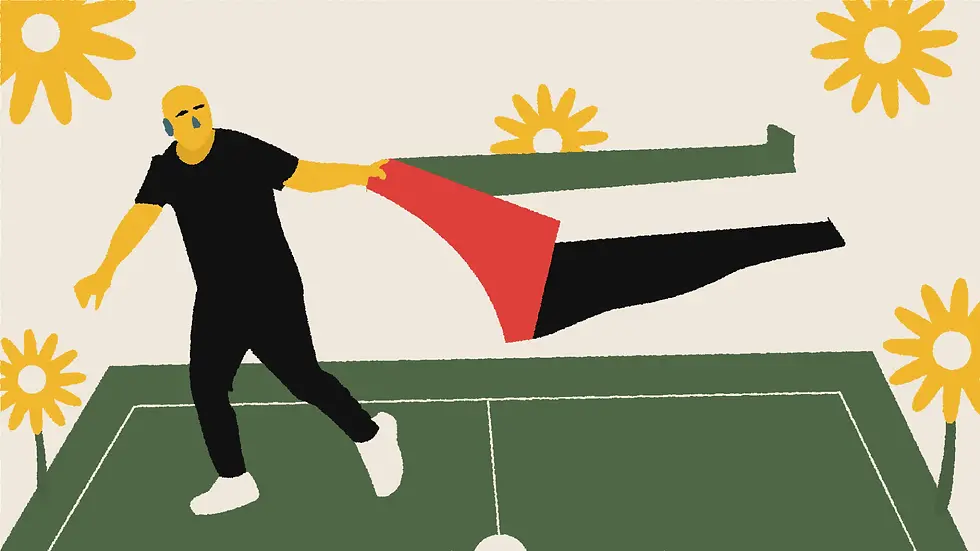 Ilustração de um treinador em movimento com uma bandeira da Palestina, com flores amarelas ao redor e fundo bege.