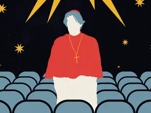 Ilustração de pessoa sem rosto em roupa vermelha e cruz dourada, sentada entre cadeiras azuis sob céu preto estrelado.