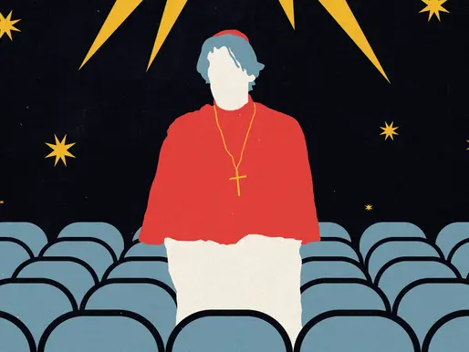 Ilustração de pessoa sem rosto em roupa vermelha e cruz dourada, sentada entre cadeiras azuis sob céu preto estrelado.
