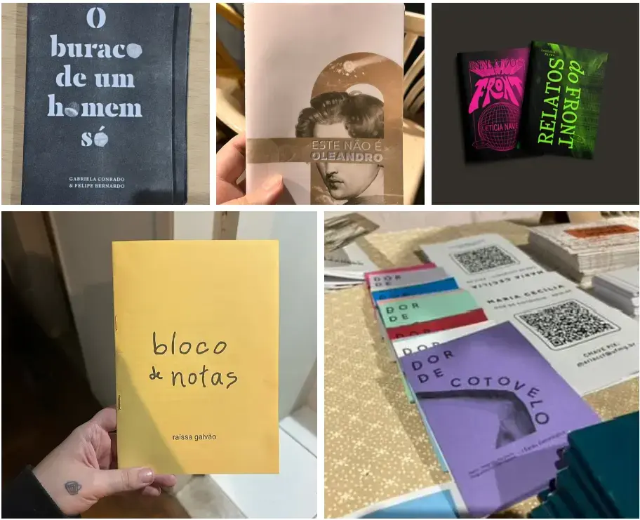 1 - Zine "O Buraco de um Homem só" de Gabriela Conrado e Felipe Bernardo; 2 - "Este não é Oleandro" de Juca Magalhães; 3 - "Relatos do Front" I e II, de Letícia Naves; 4 - "Bloco de Notas" de Raíssa Galvão; 5 - "Dor de Cotovelo", de Maria Cecília