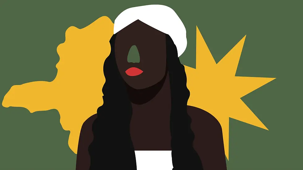 Retrato estilizado de mulher negra com lenço branco e lábios vermelhos, sobre fundo verde com explosões amarelas.