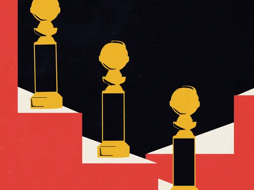 Três troféus dourados sobre fundo preto e vermelho, em composição gráfica abstrata e contrastante.