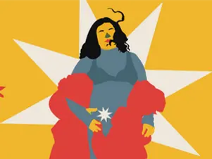 Ilustração estilizada de mulher de cabelo preto e luvas vermelhas sobre fundo amarelo com estrelas brancas.