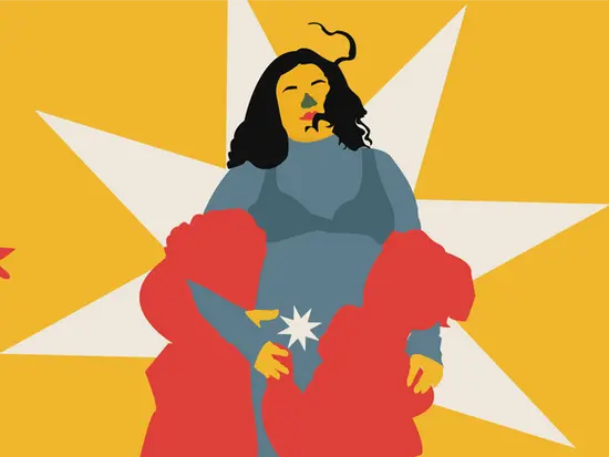 Ilustração estilizada de mulher de cabelo preto e luvas vermelhas sobre fundo amarelo com estrelas brancas.
