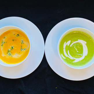 Pea Soup on the right for him & Carrot Soup on the left for her