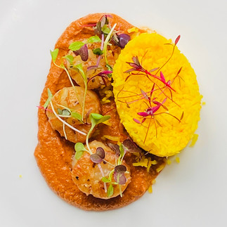 Seared Scallops with Romesco Sauce and Saffron Rice