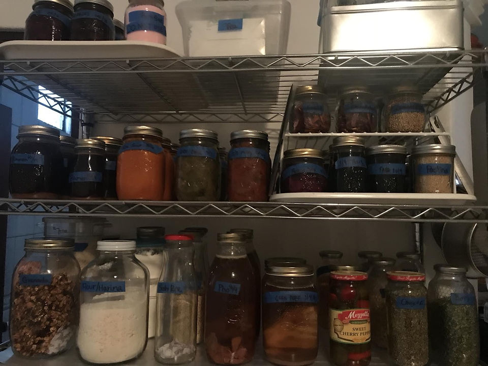 Pressure canned sauces and stock jars on closet shelf