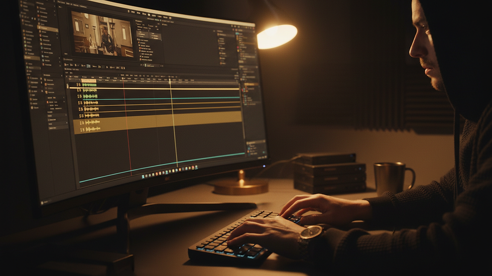 Close-up view of a video editor working on a timeline in editing software