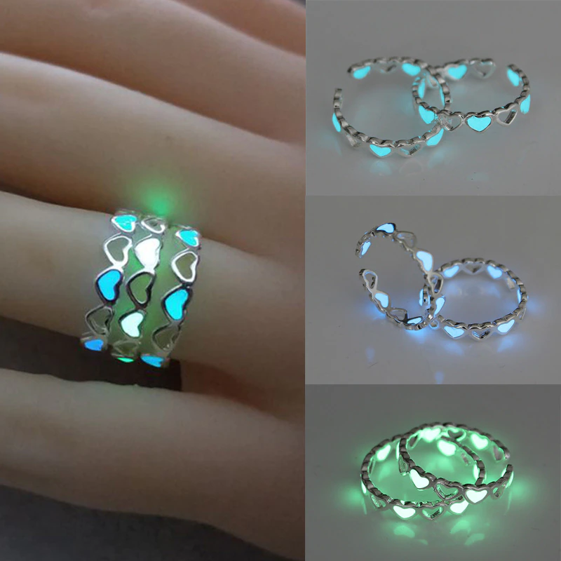 Thumbnail: Adjustable Hollow Heart Luminous Ring Glow In Dark Silver Color