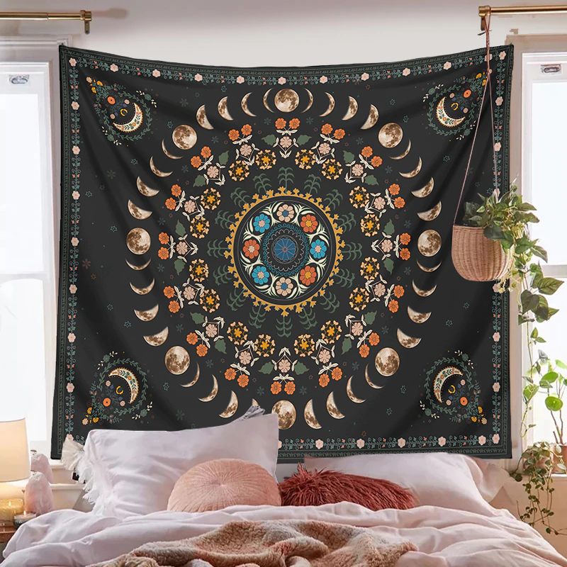 Thumbnail: Moon Phase Tapestry Wall Hanging Botanical Celestial Floral Decor