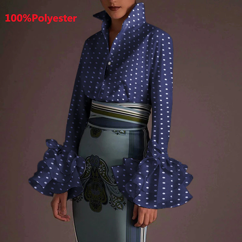 Thumbnail: Women Shirt VONDA Turn-down Collar Flare Sleeve Party Tops Office Shirt