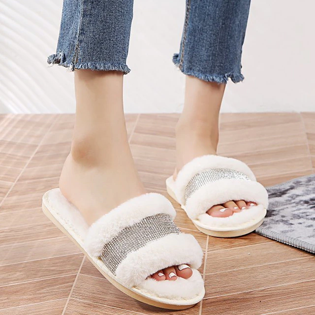 Thumbnail: Warm Fluffy Slippers Women Cozy Faux Fur Cross Indoor Floor Shoes
