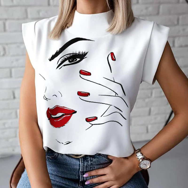 Thumbnail: Fashion Women Elegant Lips Print Tops and Blouse Shirts Office Casual