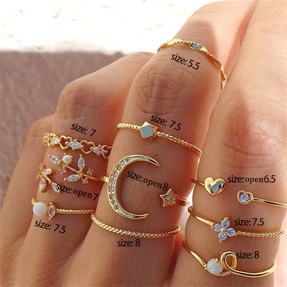 Thumbnail: FNIO Bohemian Gold Chain Ring Set Coin Snake Moon Party Trend Jewelry