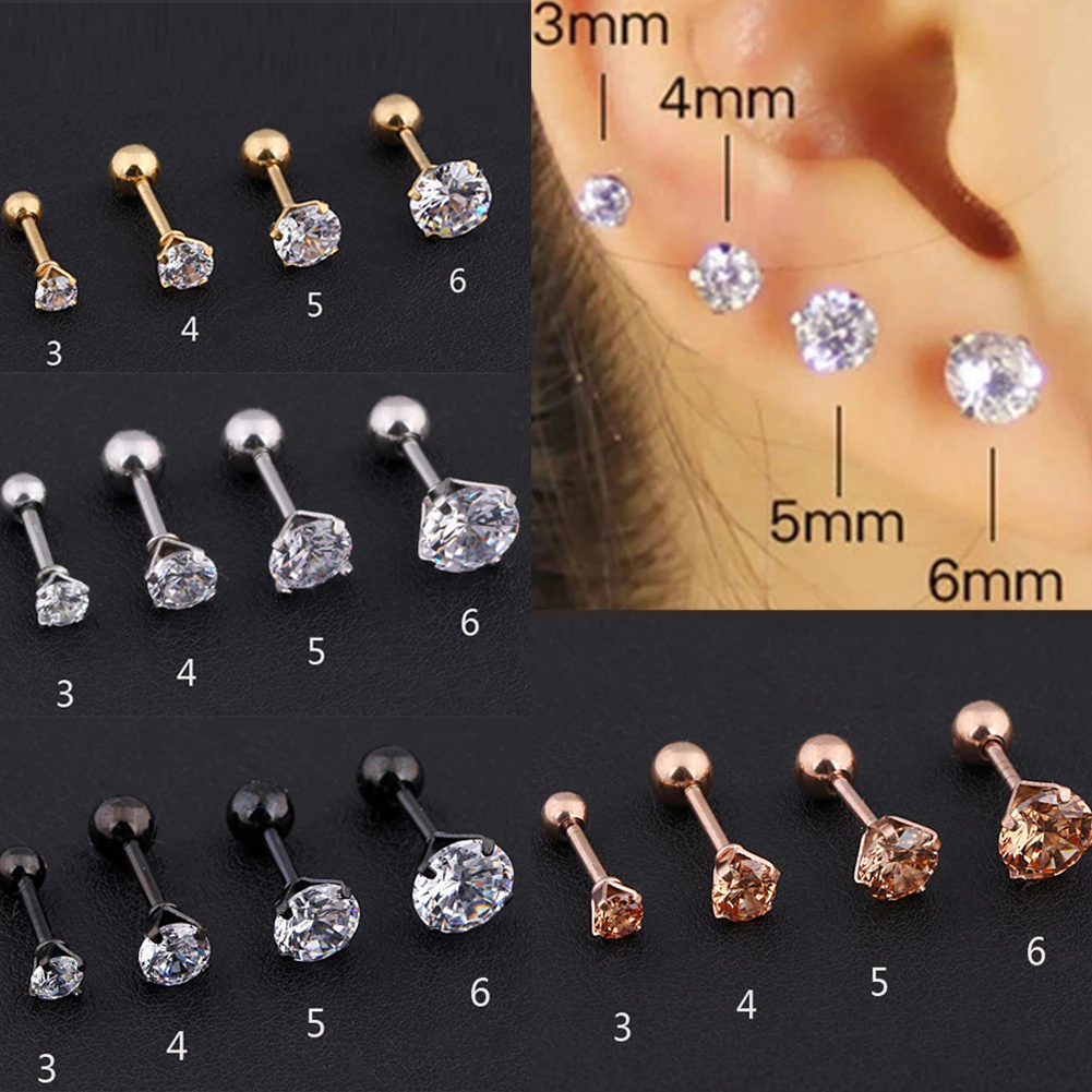 1 pcs Medical Stainless steel Crystal Zircon Ear Studs Earrings Prong Tragus
