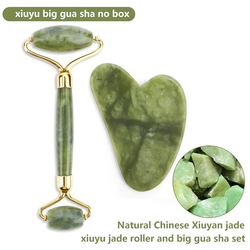 Thumbnail: Natural Rose Quartz Jade Roller Gua Sha Set Facial Body Massager Roller