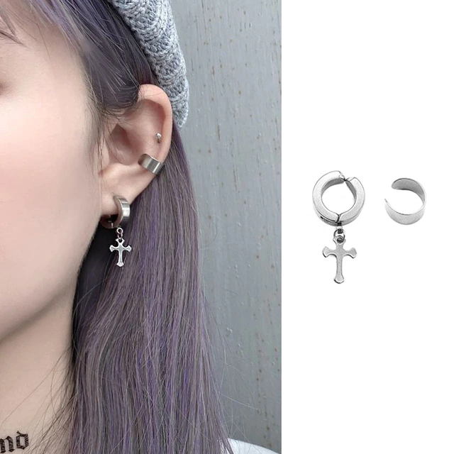 Thumbnail: Korea Style Harajuku Punk Cool Cross Chain Pendant Earrings