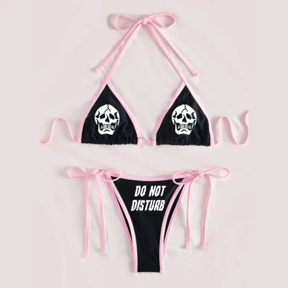 Thumbnail: Women Funny Letters Print 2Pcs Bikini Suits Deep V-neck Detachable