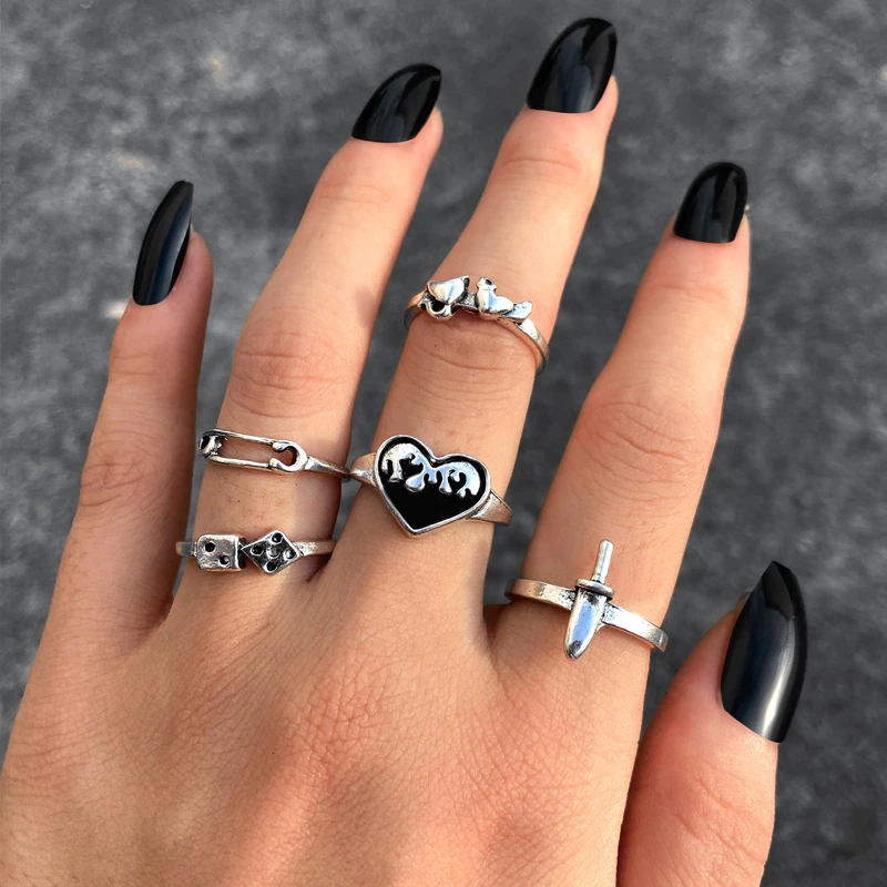 Thumbnail: Punk Gothic Heart Ring Set Black Dice Vintage Spades Ace Silver Plated Retro
