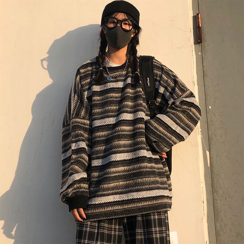 Thumbnail: Women Striped Knit Sweater Retro Hip Hop Pullovers Tops Oversized Japanese