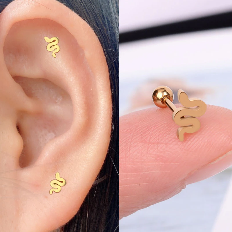Thumbnail: 1Pcs Stainless Steel Mini Stud Earrings Heart Star Moon Cross Butterfly Snake