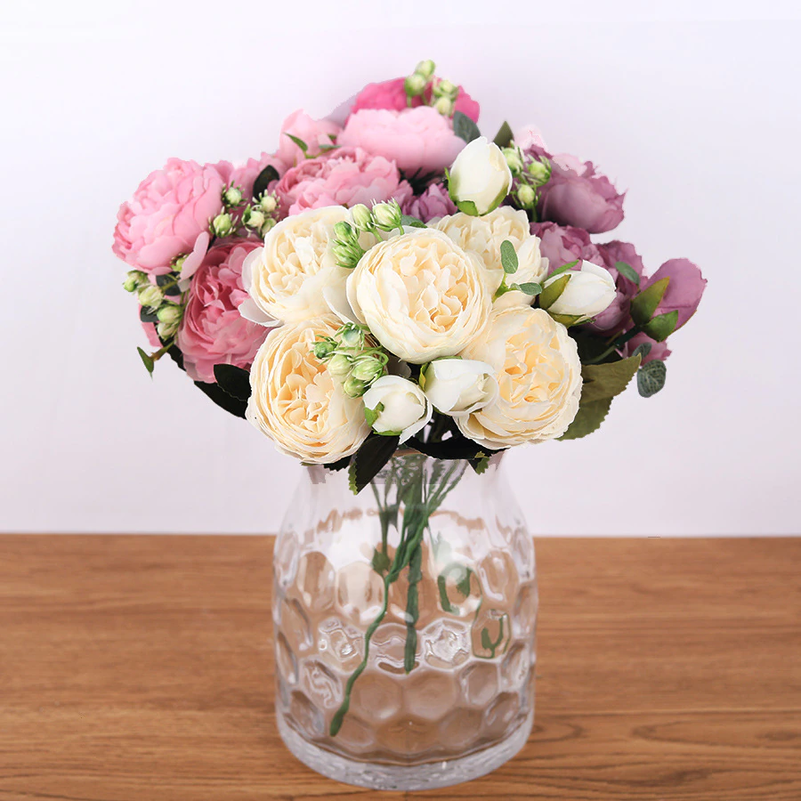 Thumbnail: 30cm Rose Pink Silk Bouquet Peony Artificial Flowers 5 Big Heads 4 Small Bud