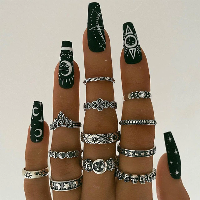 Thumbnail: Punk Gothic Heart Ring Set Black Dice Vintage Spades Ace Silver Plated Retro