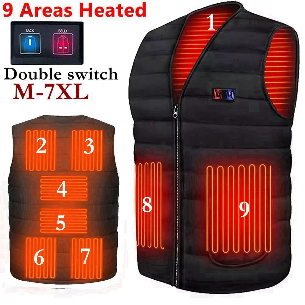 Men Autumn winter Smart heating Cotton Vest 9 area Heated V neck vest M-7XL