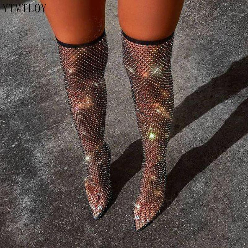 Thumbnail: Full Rhinestone Mesh Summer Boots Women Thigh High Over The Knee Ytmtloy