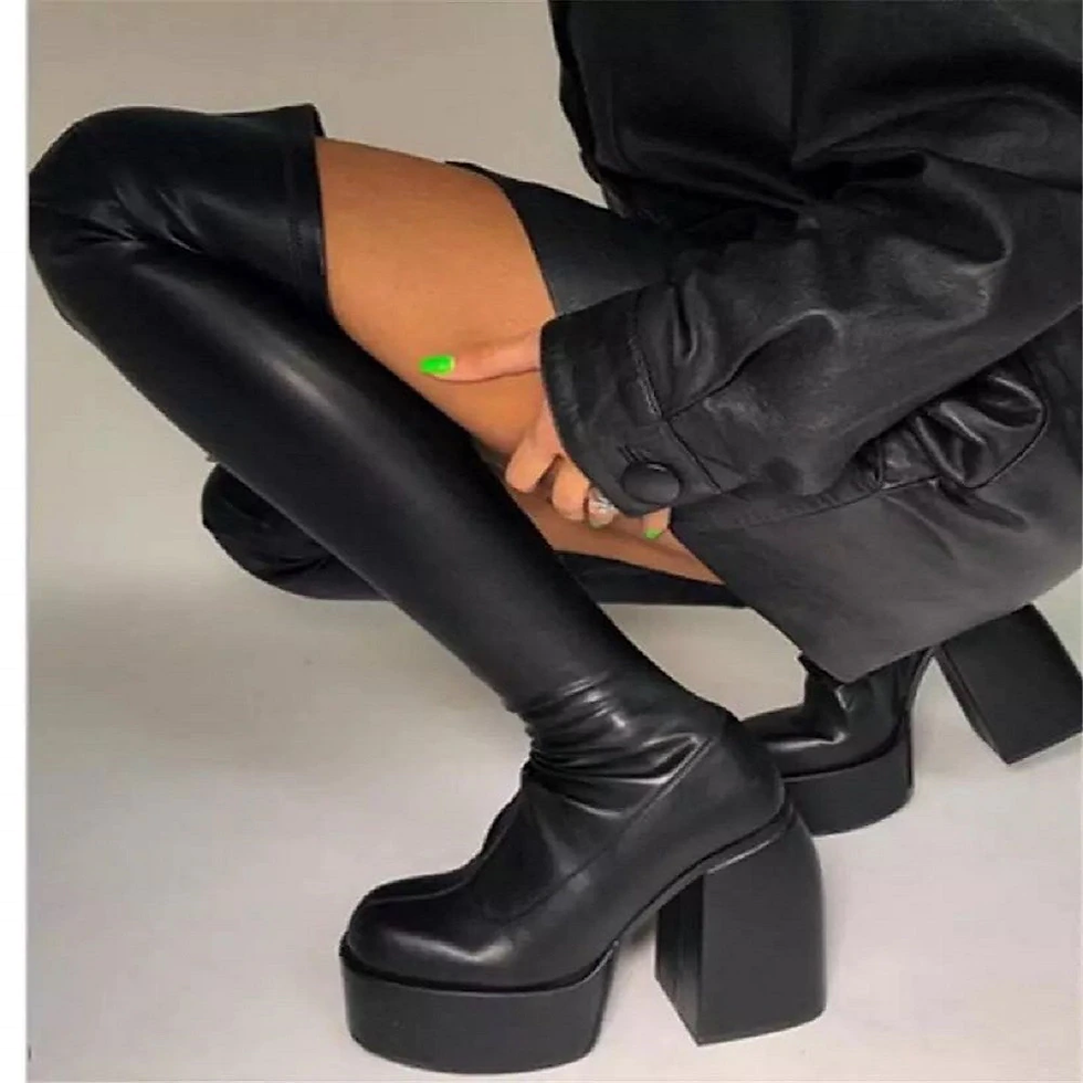 Thumbnail: Termainoov Women Boots High Heels Chunky Platform Black Big Size 43 Knee High