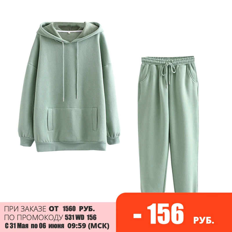 Tangada Women fleece 100% cotton 2 pieces set hoodie sweatshirt and pants suit