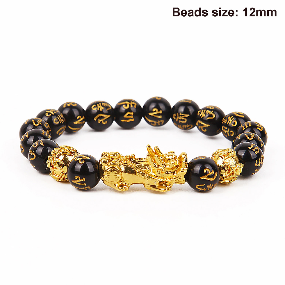 Thumbnail: Feng Shui Obsidian Stone Beads Bracelet Unisex Wristband Gold Black