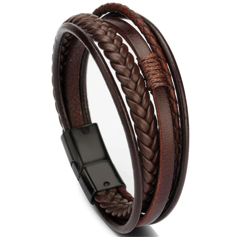 Thumbnail: Trendy Genuine Leather Bracelets Men Stainless Steel Multilayer Rope