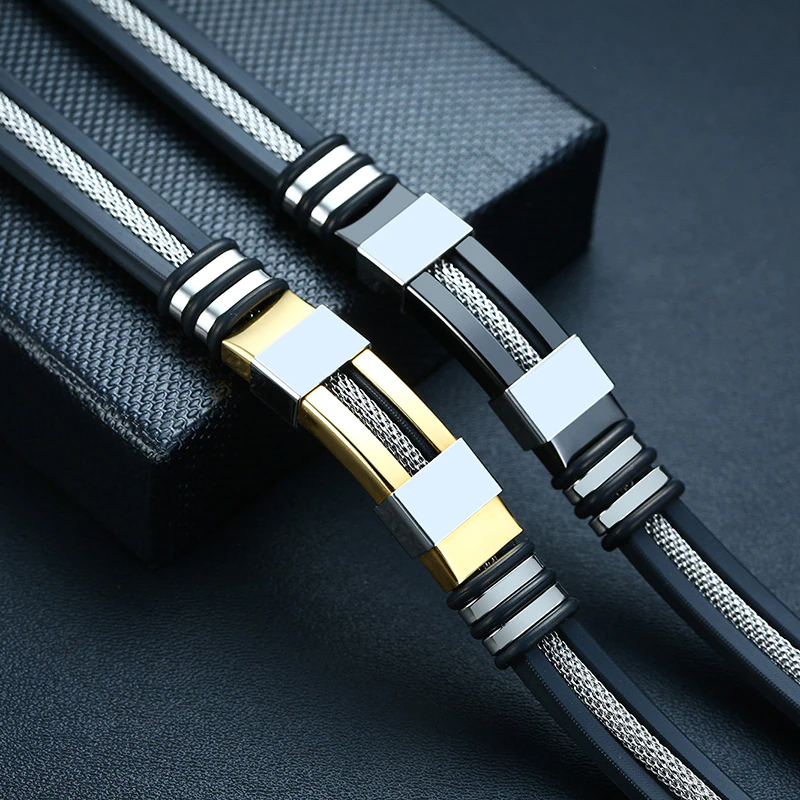 Thumbnail: Stainless Steel Bracelet Wrist Band Black Grooved Rudder Silicone Mesh Link
