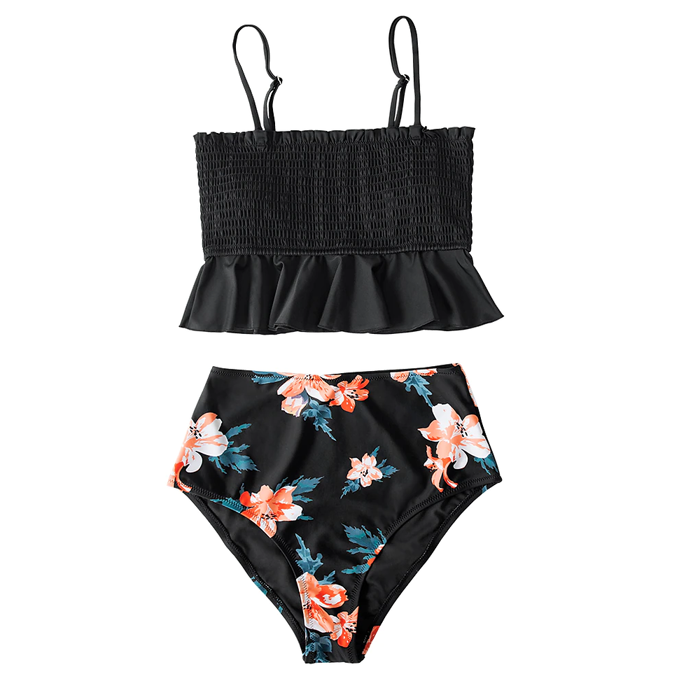 Thumbnail: CUPSHE Smocked Blue Leaves Print Sets Women High-waist Two Pieces Swimsuits