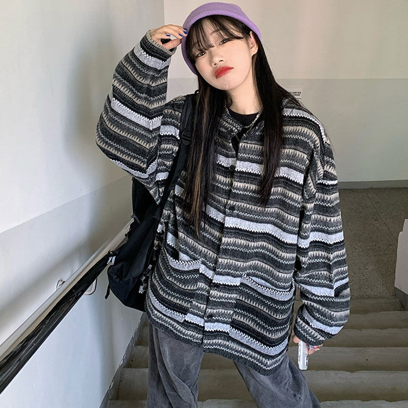 Thumbnail: Women Striped Knit Sweater Retro Hip Hop Pullovers Tops Oversized Japanese