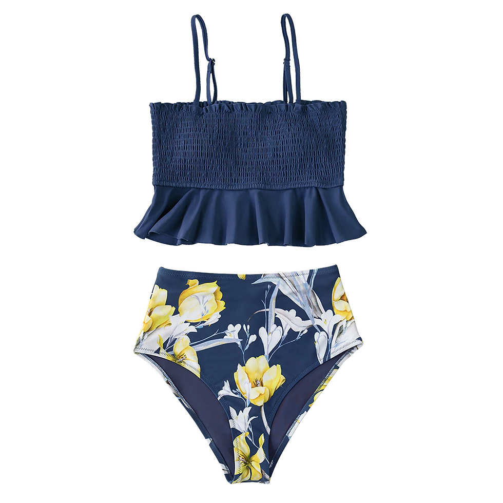 Thumbnail: CUPSHE Smocked Blue Leaves Print Sets Women High-waist Two Pieces Swimsuits