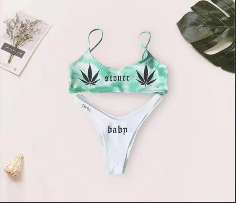 Thumbnail: Women Funny Letters Print 2Pcs Bikini Suits Deep V-neck Detachable