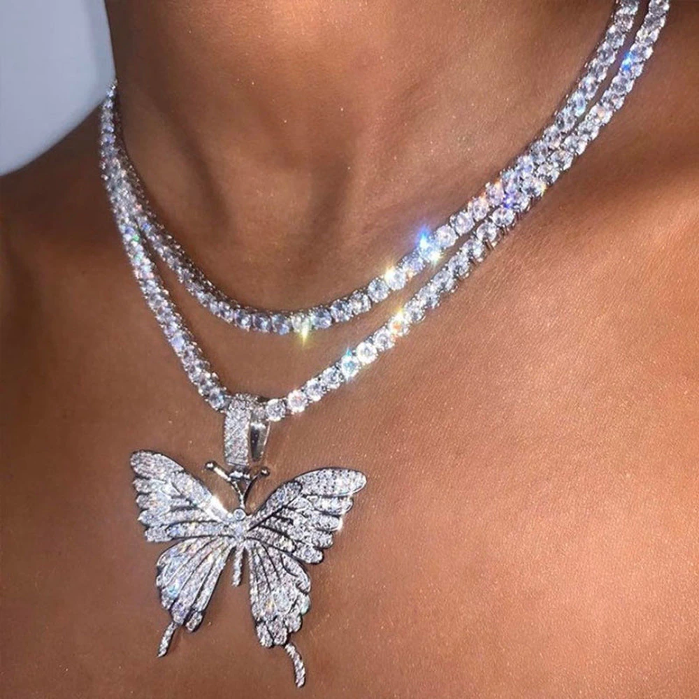 Statement Big Butterfly Necklace Rhinestone Chain Bling Tennis