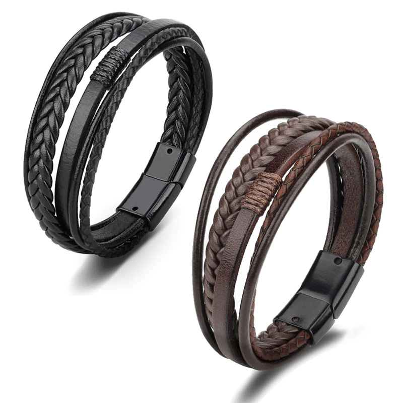 Thumbnail: Trendy Genuine Leather Bracelets Men Stainless Steel Multilayer Rope