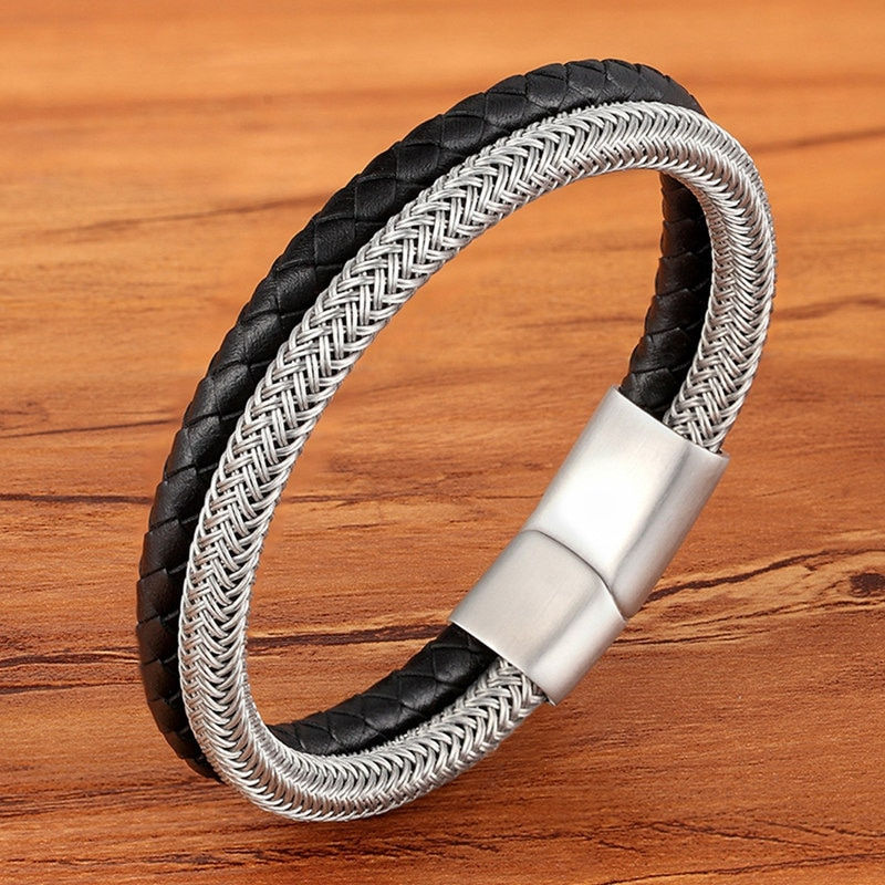 Thumbnail: Fashion Stainless Steel Charm Magnetic Black Bracelet Leather Genuine Rock