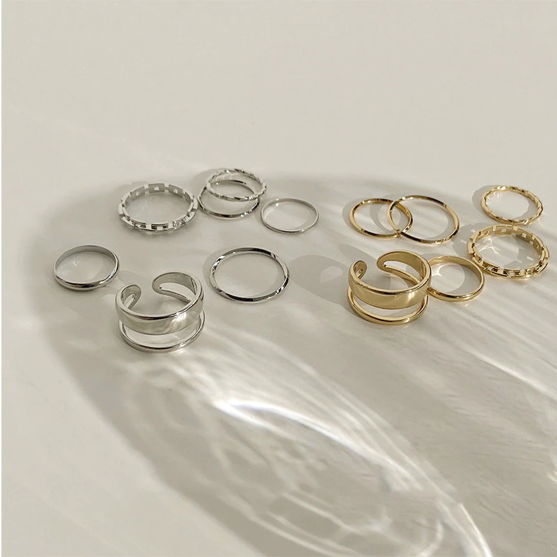 Thumbnail: 7pcs Fashion Jewelry Ring Set Metal Alloy Hollow Round Opening Finger