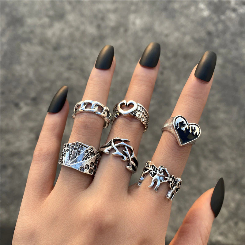 Thumbnail: Punk Gothic Heart Ring Set Black Dice Vintage Spades Ace Silver Plated Retro