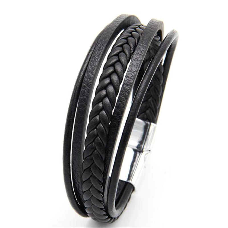 Thumbnail: Trendy Genuine Leather Bracelets Men Stainless Steel Multilayer Rope